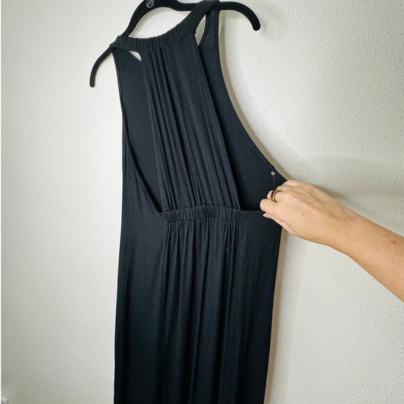 Black High Neck Plunging Sides Sleeveless Gathered Flowy Back Maxi Dress M - Picture 9 of 12